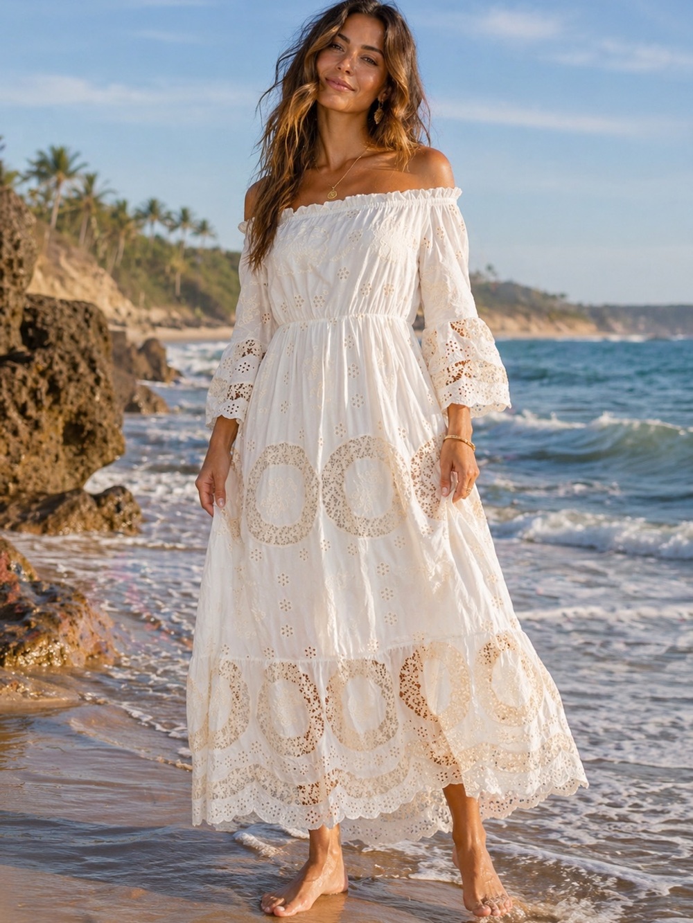 Boho womans Off-Shoulder White Eyelet Midi Dress size S-M-L